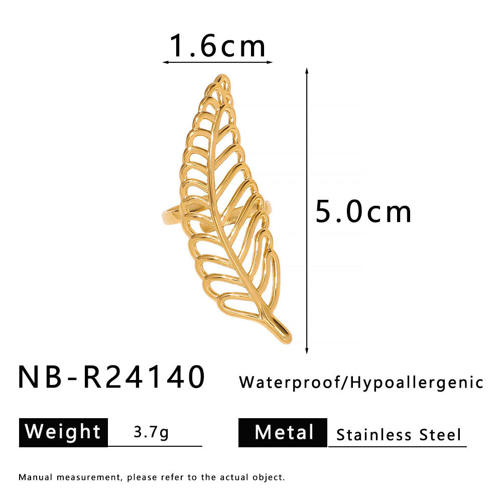 Minimalist Asymmetrical Leaf-Shaped Stainless Steel Ring with Wavy Geometric Lines and Electroplated Finish for Women and Men