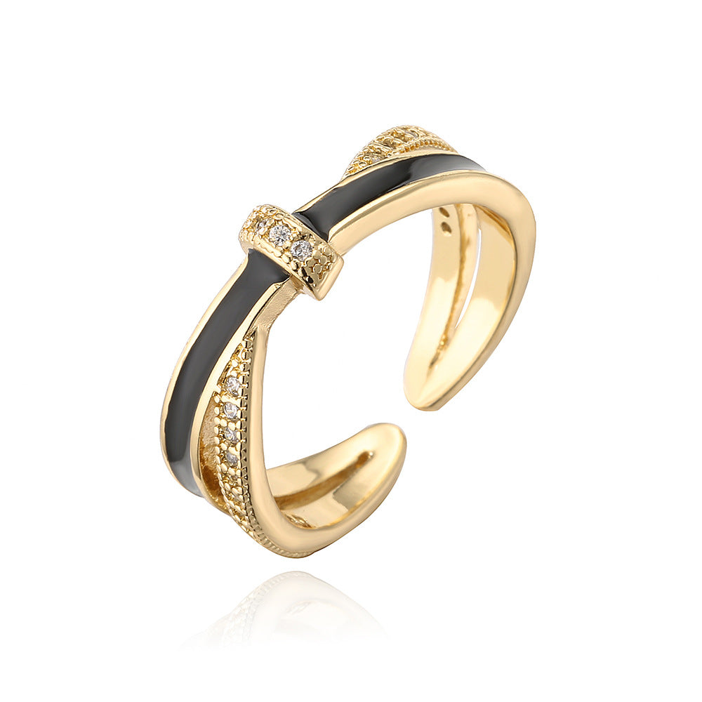 Minimalist Geometric Open Ring for Women in Copper with 18K Gold Plating and Enamel Finish, Set with Zircon