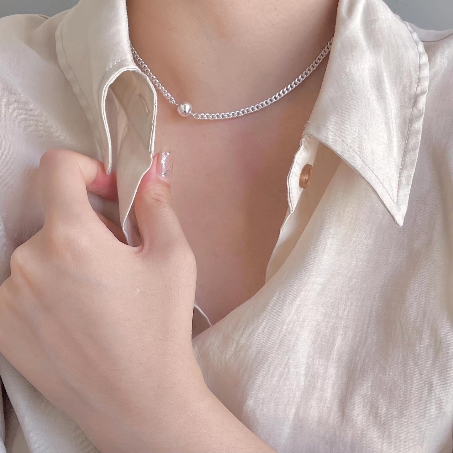 Sweet Minimalist Round Bead Choker Necklace in 925 Sterling Silver with Braided Chain Design