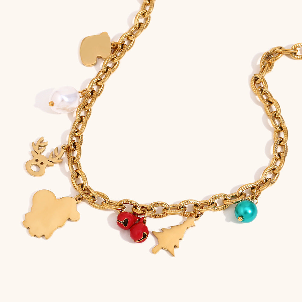 Collar con colgante de Papá Noel de Navidad a la moda para mujer con cadena de acero inoxidable y dije de campana de acero de titanio chapado en oro de 18 quilates