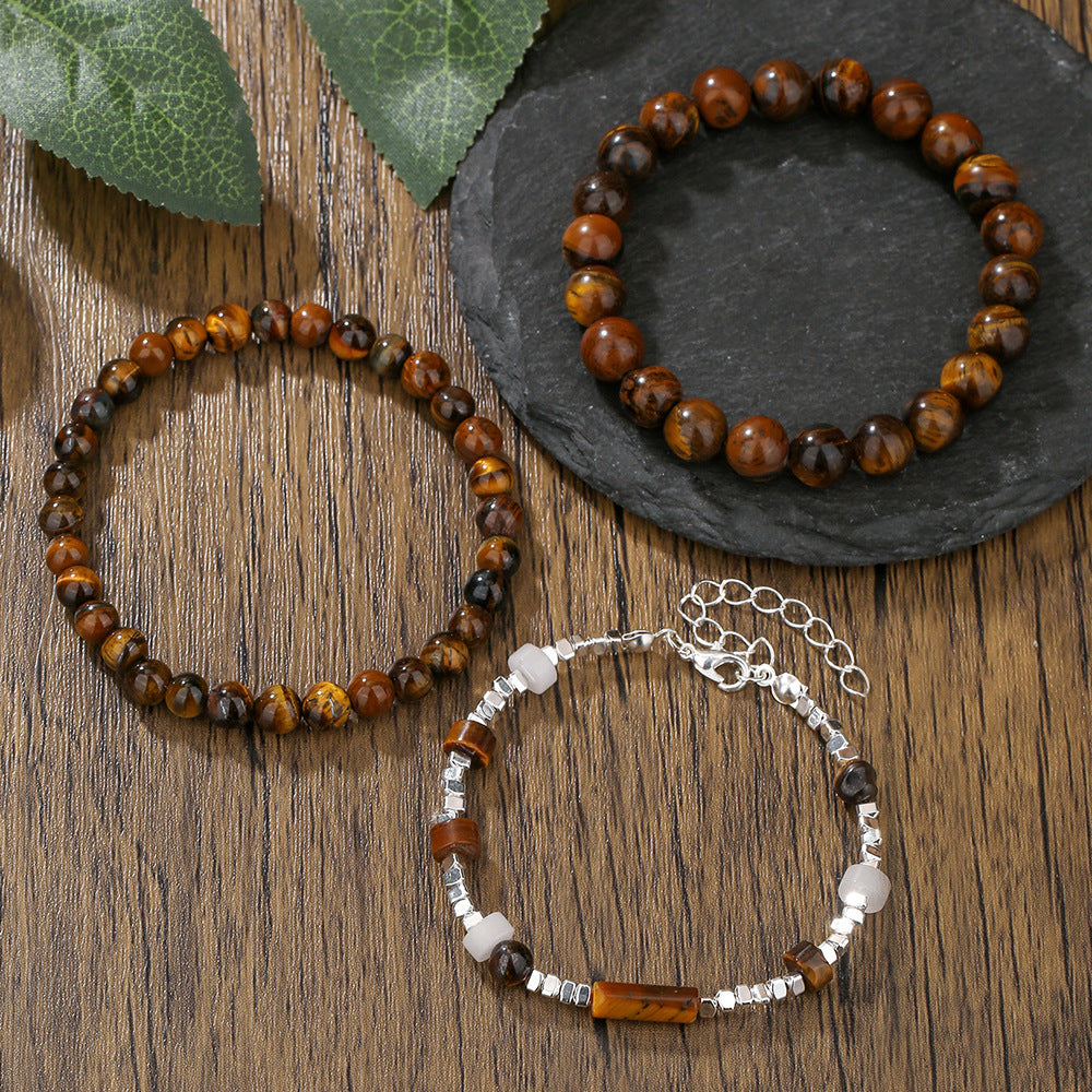 Bohemian Style Black Obsidian and Tiger Eye Beaded Stretch Bracelet for Women and Men