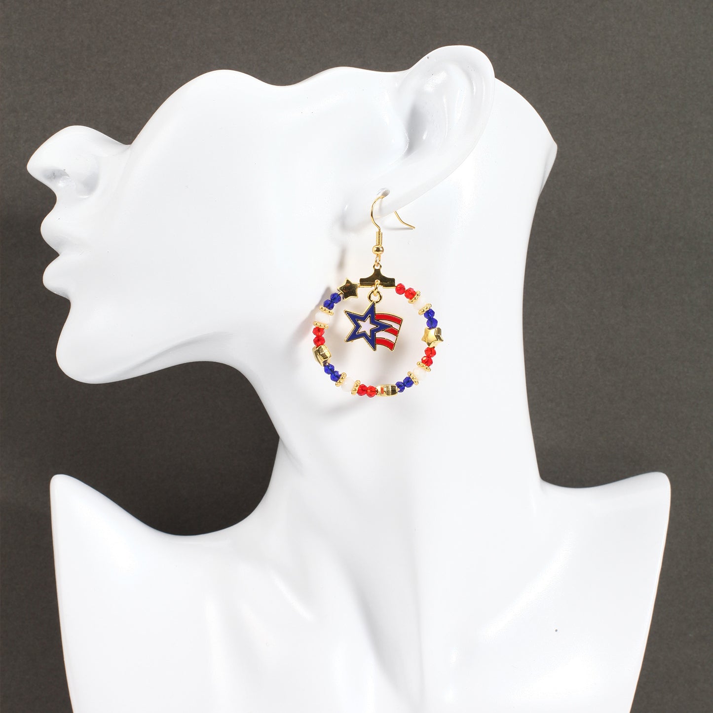 Patriotic Round Star Heart Rhinestone Plated Brass Earrings for Women