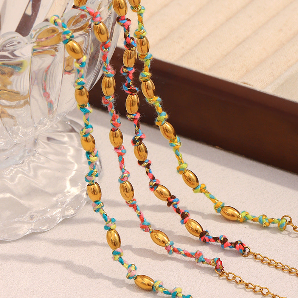 Fashionable Geometric Stainless Steel Plated 18K Gold Knotted Beaded Bracelet for Women