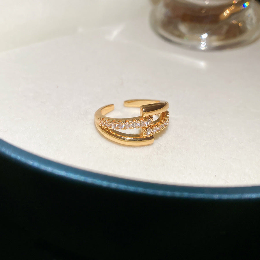 Anillo Abierto Geométrico de Lujo con Cruz, Baño de Oro de 18K en Cobre con Circonita Cúbica para Mujer