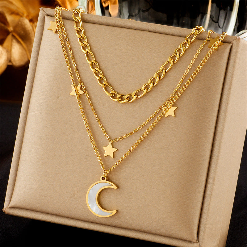 Vintage Luxury Gold Plated Heart Butterfly Round Stainless Steel Necklace with Pearl Multi-Layer