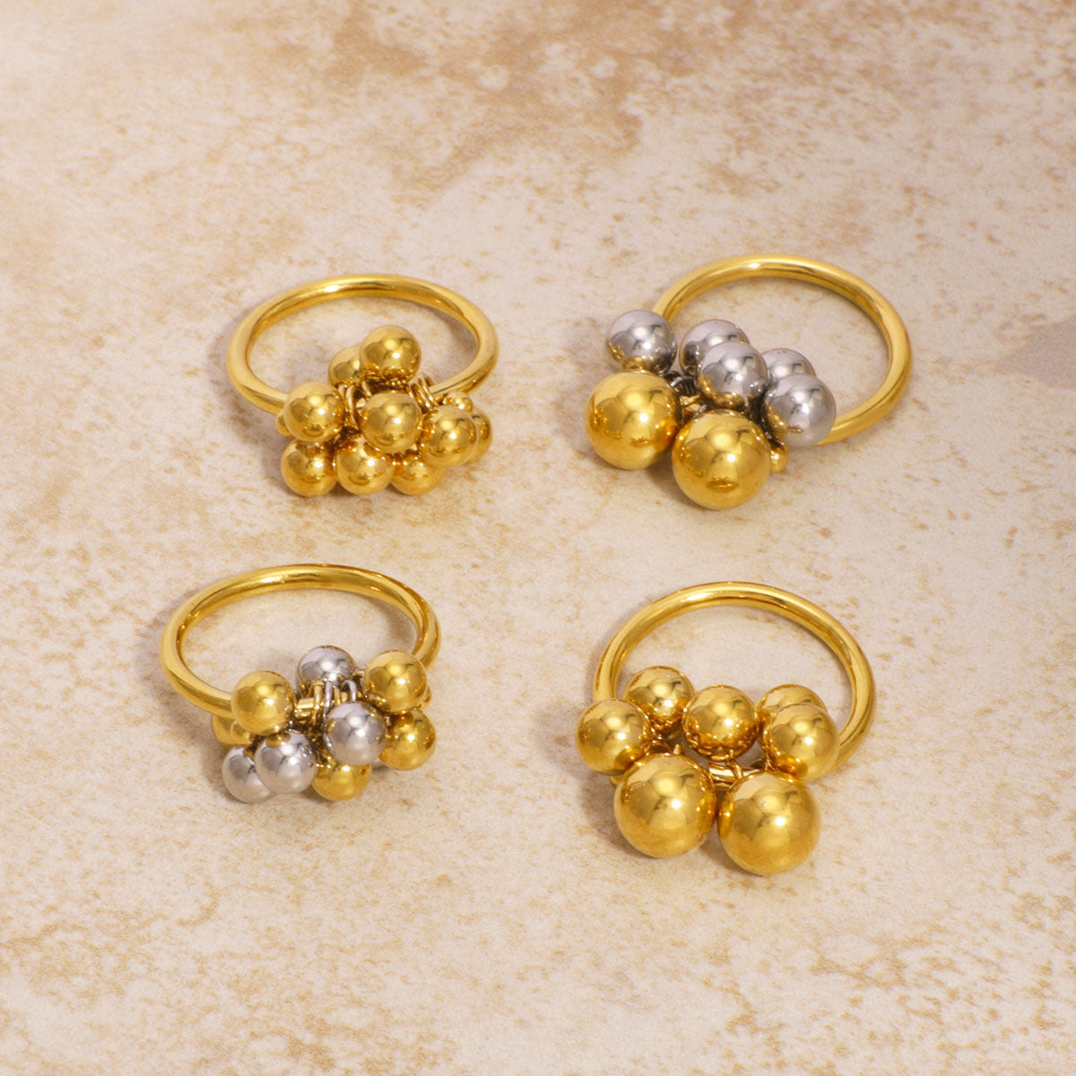 Minimalist Geometric Stainless Steel Ring with Asymmetrical Grape Cluster Design and 18K Gold Plating for Women