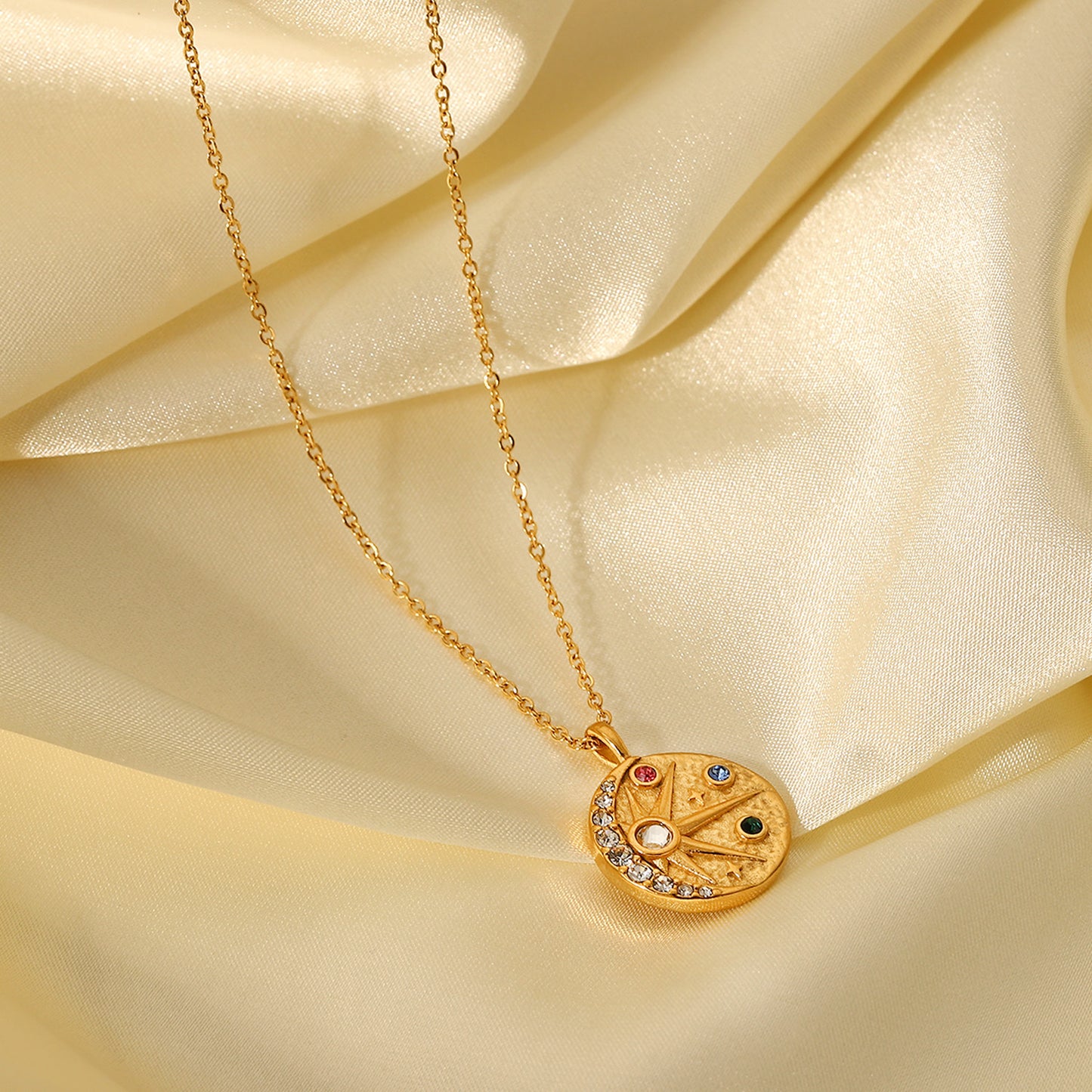 Cartoon Style Sun and Moon Relief Pendant Necklace in Stainless Steel with 18K Gold Plating and Colorful Zircon Inlay for Women
