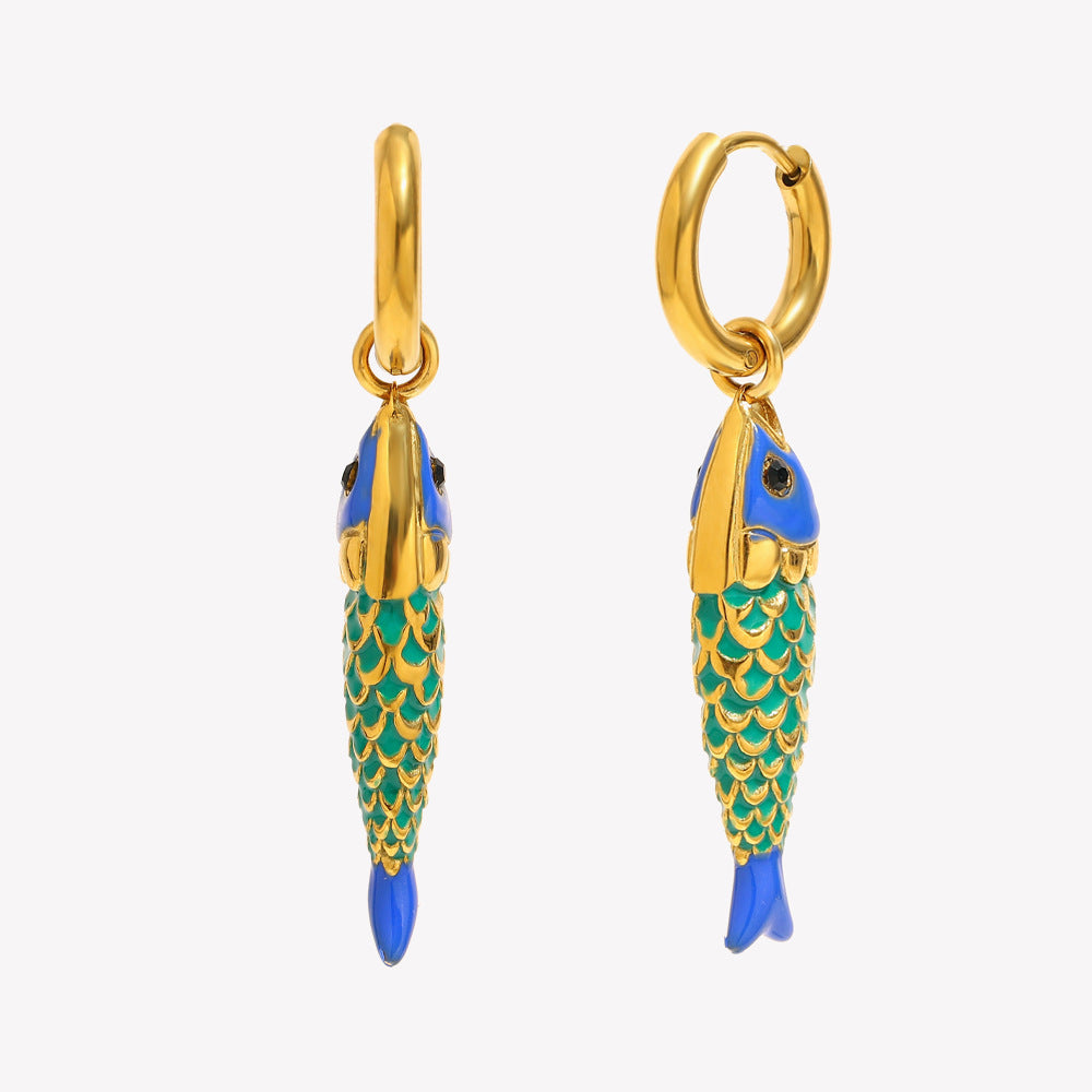 Luxury Style Fish-Shaped Stainless Steel Earrings with 18K Gold Plating and Enamel Finish