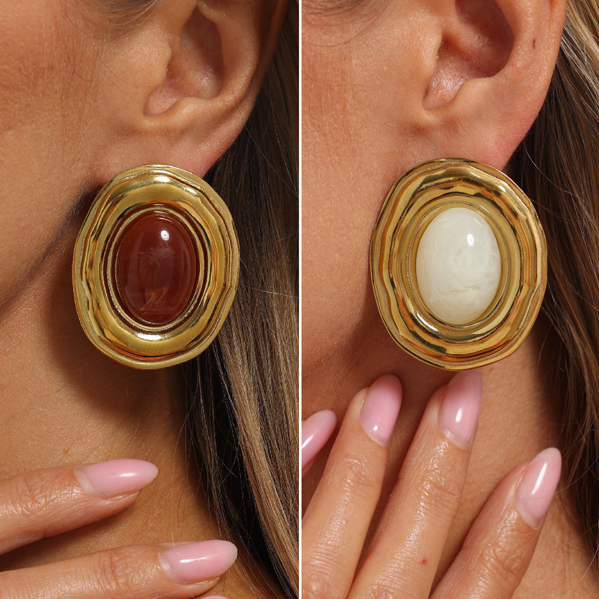 Vintage Geometric Oval Stainless Steel PVD 18K Gold Plated Resin Gradient Earrings for Women