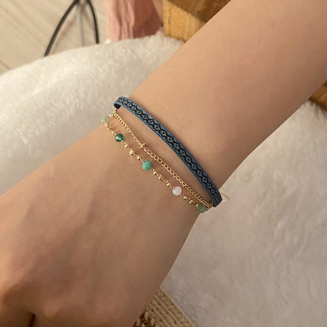 Bohemian Crystal Bracelet with Satin Ribbon Accents for Women, Electroplated Finish, White Crystal Embellished Fashion Accessory