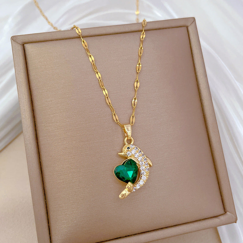Minimalist Green Heart Dolphin Pendant Necklace for Women Stainless Steel Delicate Clavicle Chain with Rhinestone Accents