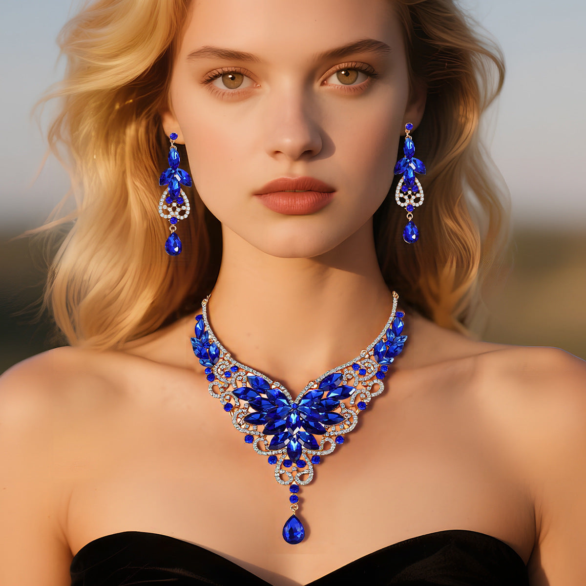 French Vintage Style Butterfly-Shaped Alloy Necklace Set with Rhinestone Accents, Electroplated O-Chain, Floral Botanical Design Featuring Wheat, Petal, Leaf and Lotus Pod Motifs for Women