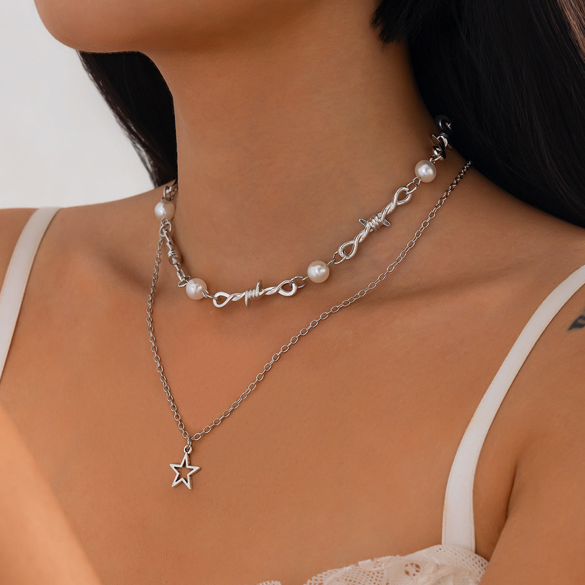 Minimalist Star Alloy Pendant Multi-layer Necklace with Imitation Pearl for Women