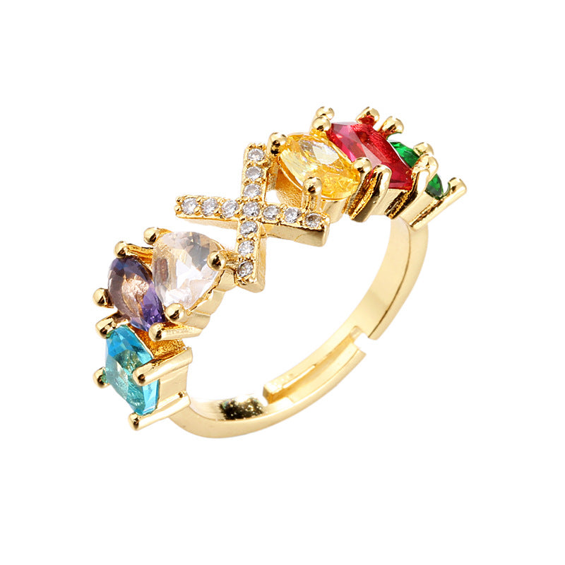 Hand-Set Cubic Zirconia Letter Open Ring Gold Plated Brass Adjustable Women