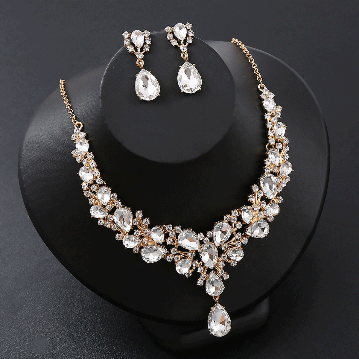 Exaggerated Style Heart Waterdrop Bell Pendant Necklace and Earrings Set for Women with Rhinestone Inlay on Alloy Base and O-Chain