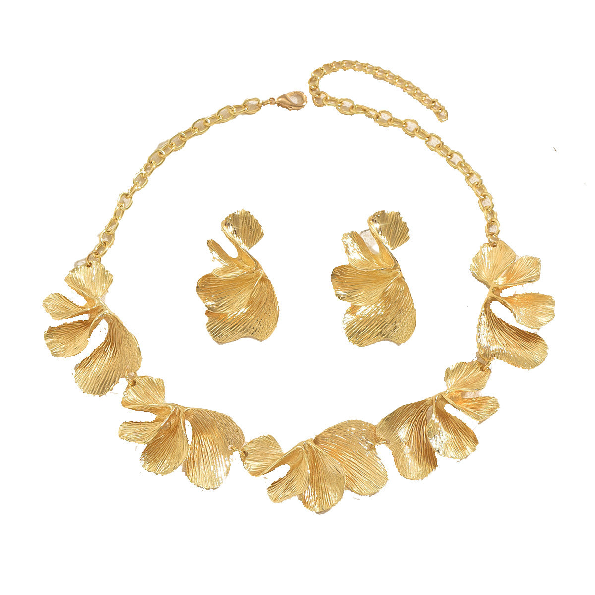 Set collana e orecchini floreali minimalisti in lega con texture a petalo e finitura placcata per donna