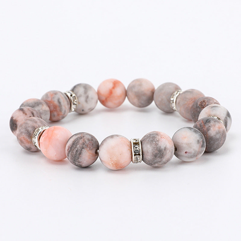 Elegant 8mm Pink Zebra Agate Beaded Bracelet with Rhinestone Inlay Unisex Geometric Jewelry