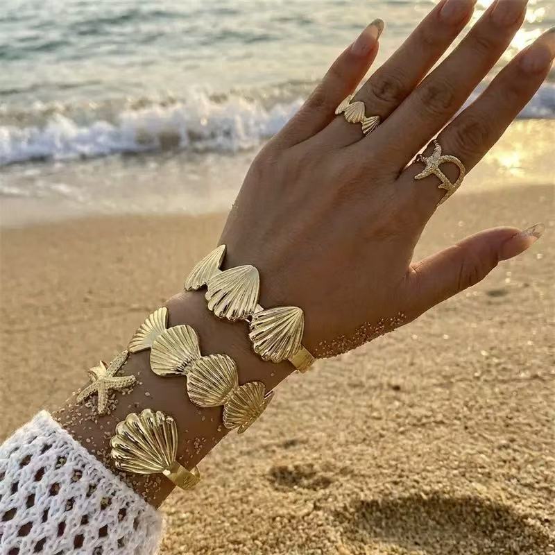Gold Plated Alloy Geometric Starfish Shell Cuff Bracelet and Ring Set for Women