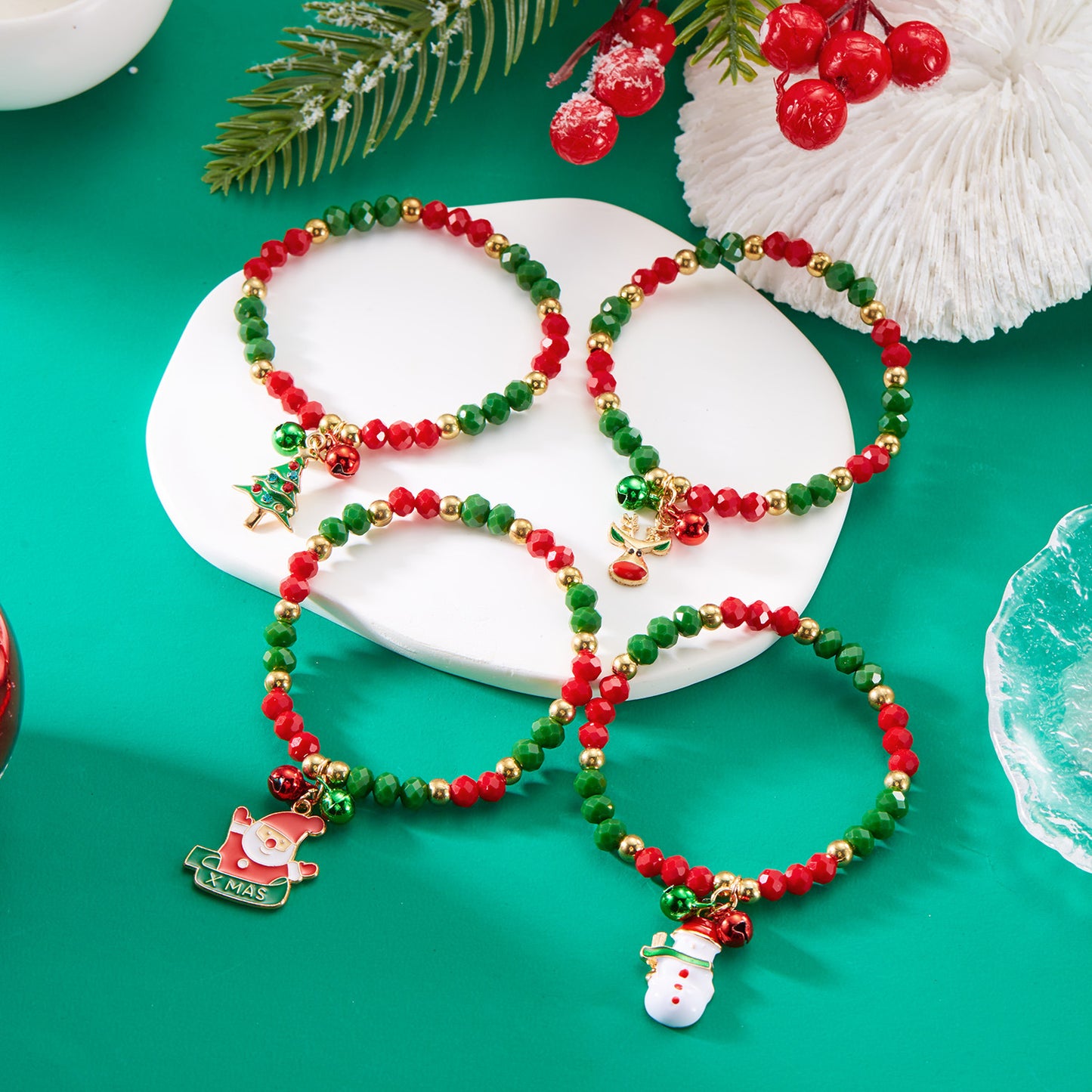 Luxury Style Cartoon Santa Claus and Snowman Pendant Bracelet for Women Alloy Handmade Christmas Tree Ornament with Crystal Beads