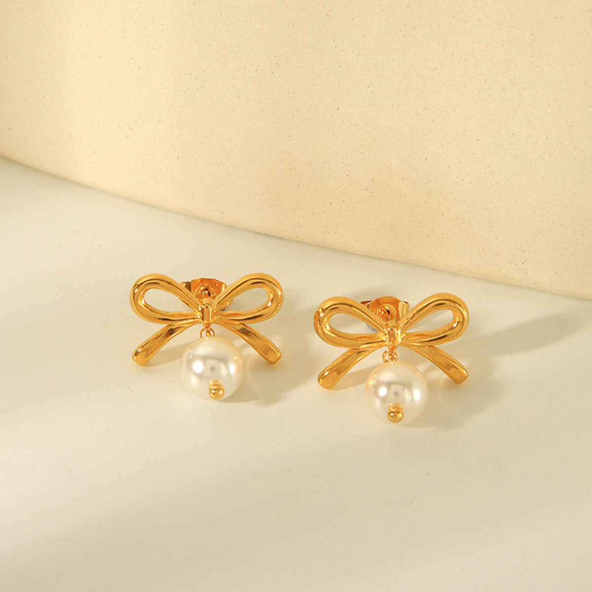 Ins Style 18K Gold Plated Stainless Steel Bow Knot Pearl Drop Earrings for Women