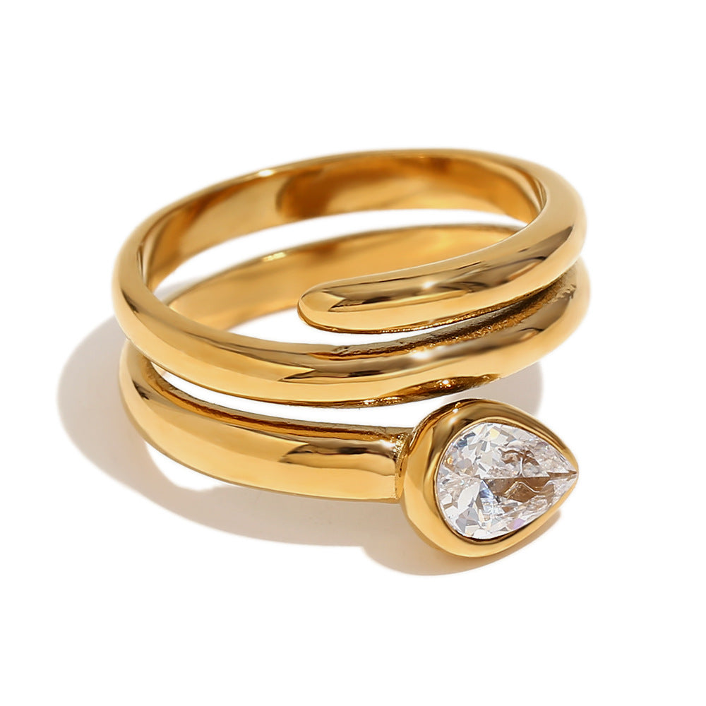 Anello da donna minimalista geometrico in acciaio inossidabile placcato oro 18 carati a doppio strato con testa di serpente lungo e strass bianchi a forma di cuore