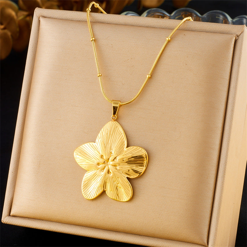 Vintage Gold Plated Floral Stainless Steel Pendant Necklace with Snake Chain for Women