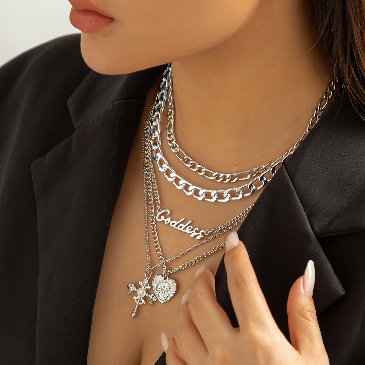 Vintage Hip-hop Multi-layer Cross and Letter Pendant Plated Zinc Alloy Necklace with Curb Chain for Women