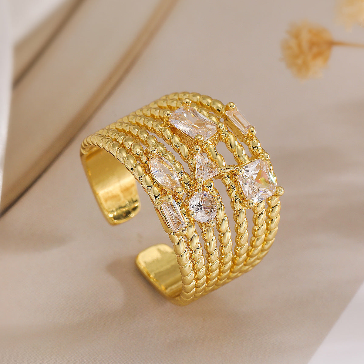 Minimalist Geometric Open Ring for Women in Copper with 18K Gold Plating and Zircon Inlay
