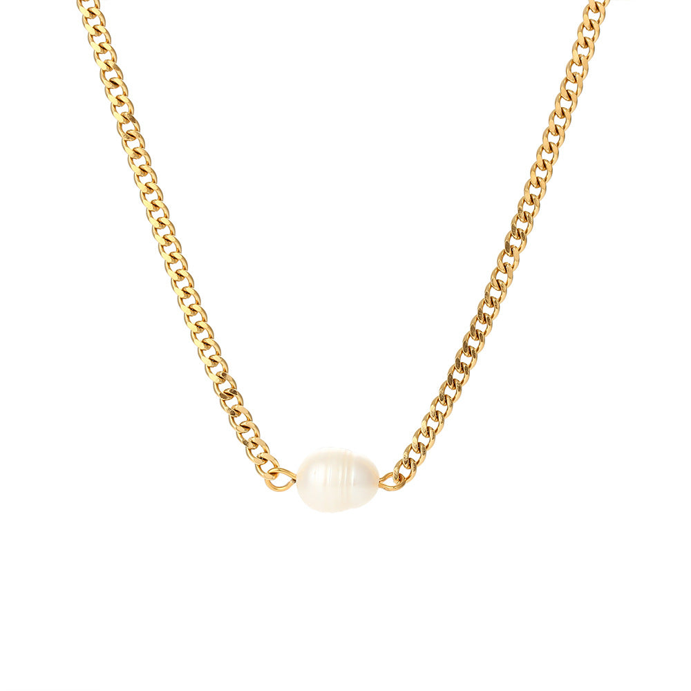 Collana da donna con catena a maglia cubana geometrica minimalista in acciaio inossidabile e pendente di perla d'acqua dolce