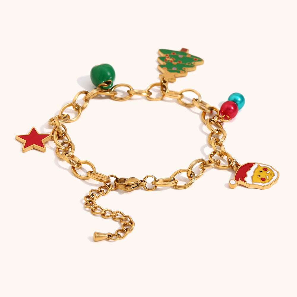 Bracciale con ciondolo ad albero di Natale e stella, grazioso, in acciaio inossidabile con placcatura in oro 18 carati da donna