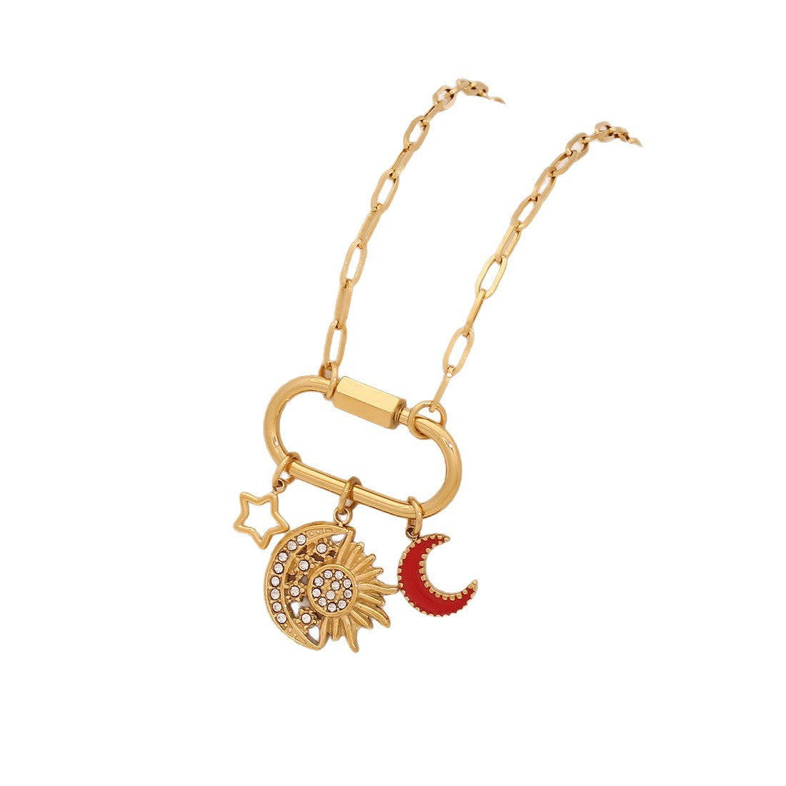 DIY Charm Bar Star Moon Pendant Stainless Steel Plated Rhinestone Necklace Unisex