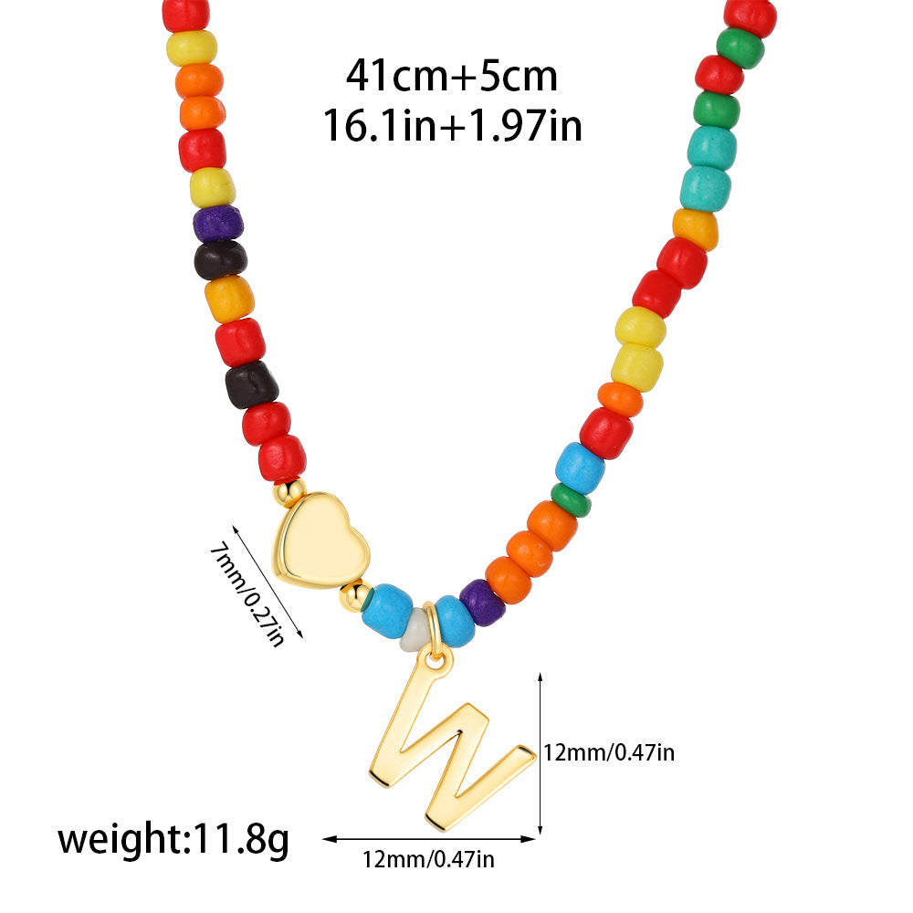 Collana Unisex Casual Placcata Oro 14K con Ciondolo a Cuore Lettera e Perline in Acciaio Inossidabile