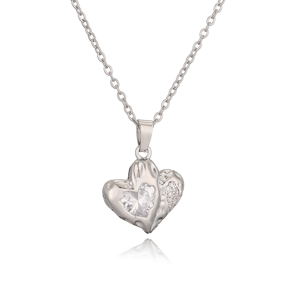 Minimalist Double Heart Shaped Copper Necklace with Real Gold Plating and Zircon Inlay for Women
