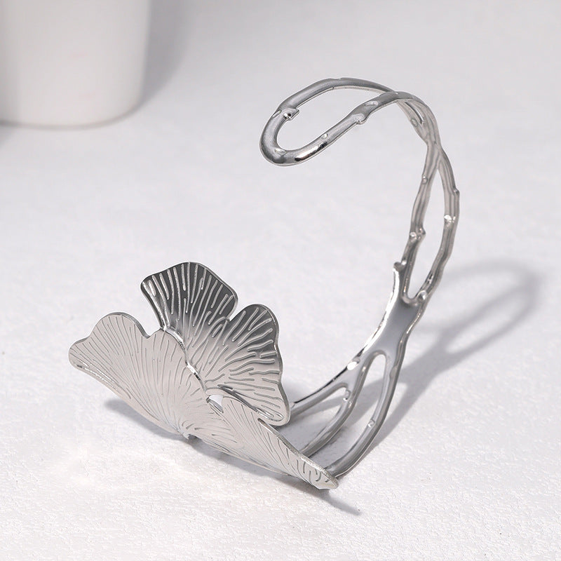 Minimalist Ginkgo Leaf Shaped Stainless Steel Bracelet with 18K Gold Plating for Women