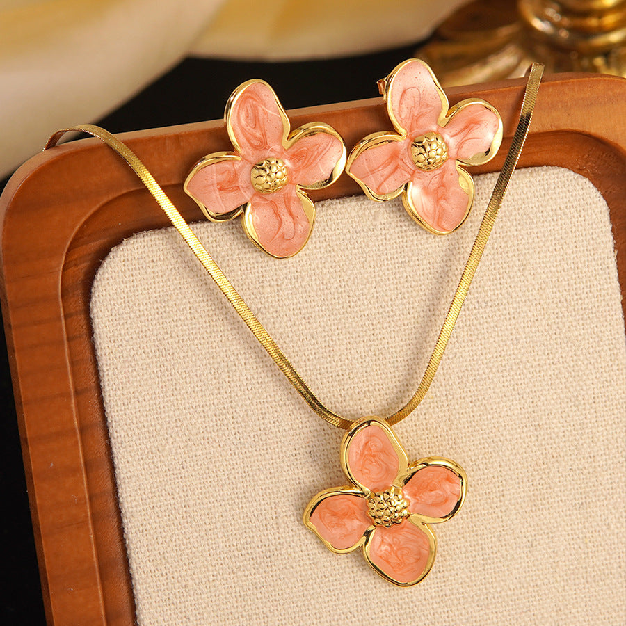 Set di collana e orecchini in acciaio inossidabile Sweet Drip Oil Plant con catena a serpente