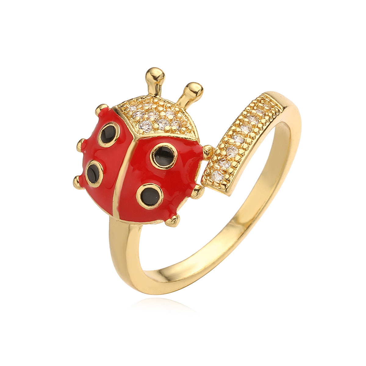 Minimalist Ladybug-Shaped Ring in Copper with 18K Gold Plating and Enamel Finish, Geometric Design