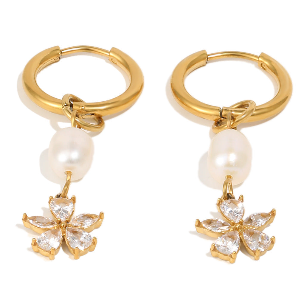 Elegant Luxury 18K Gold Plated Stainless Steel Floral Pearl Tassel Earrings for Women