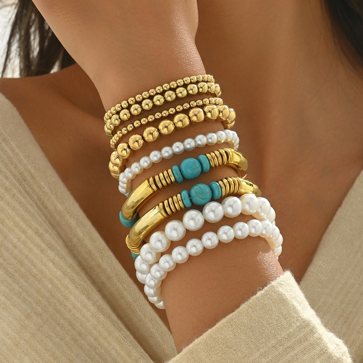 Set di bracciali in perle geometriche stile ufficio alla moda da donna, bracciali intrecciati fatti a mano con perline