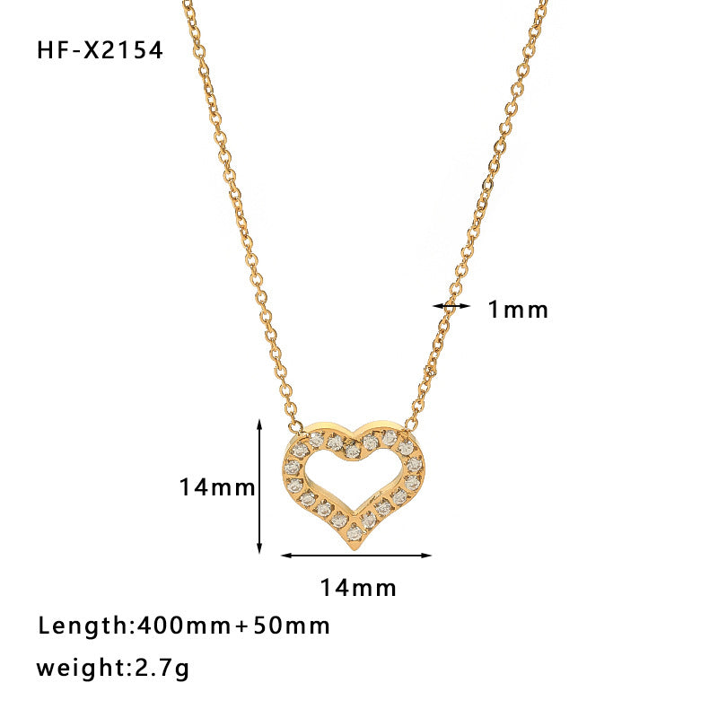 18K Gold Plated Stainless Steel Hollow Heart Pendant Necklace with Cubic Zirconia for Women