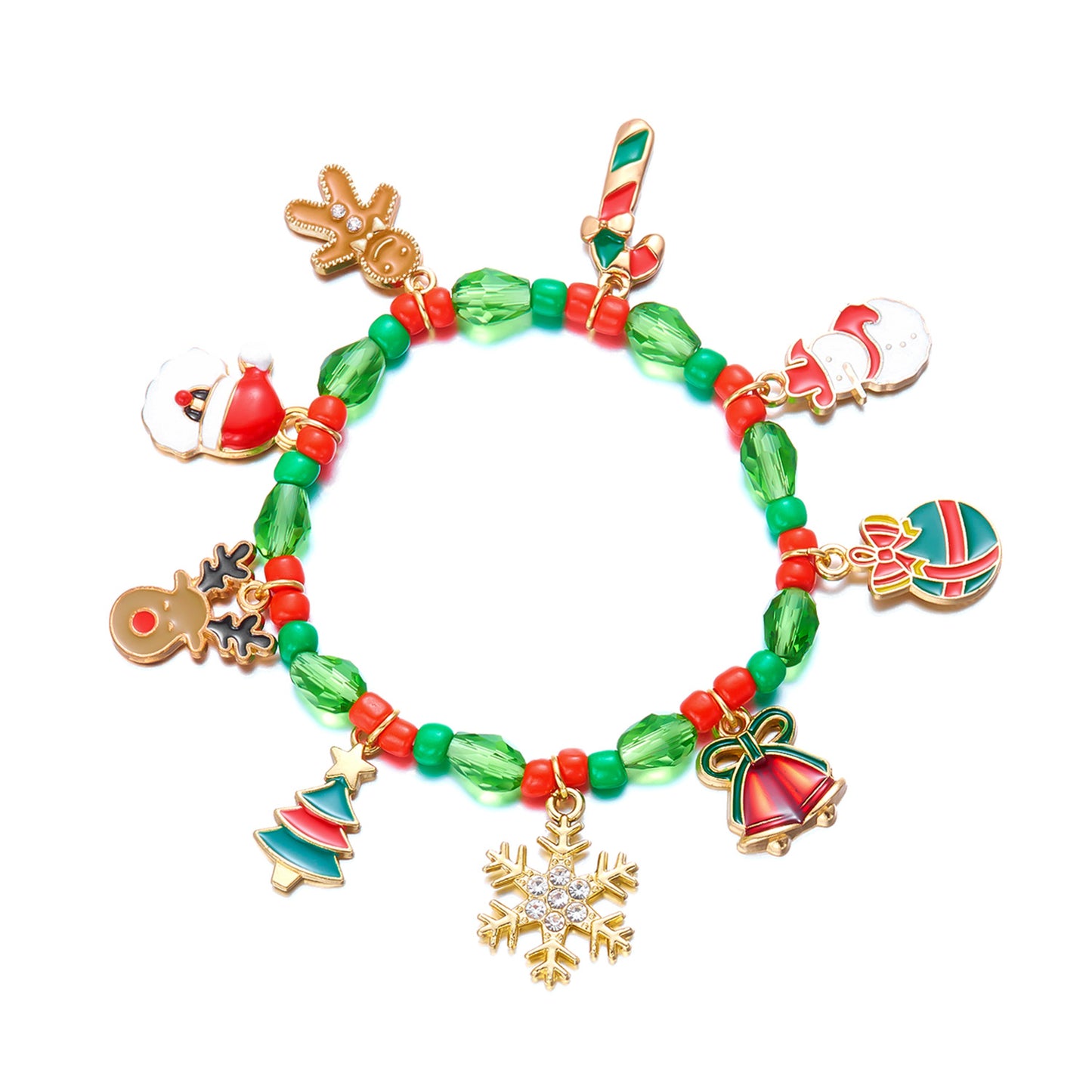 Bracciale con ciondolo a fiocco di neve, renna e bastone di Babbo Natale in lega fatta a mano, con cristalli, gioiello natalizio per donna