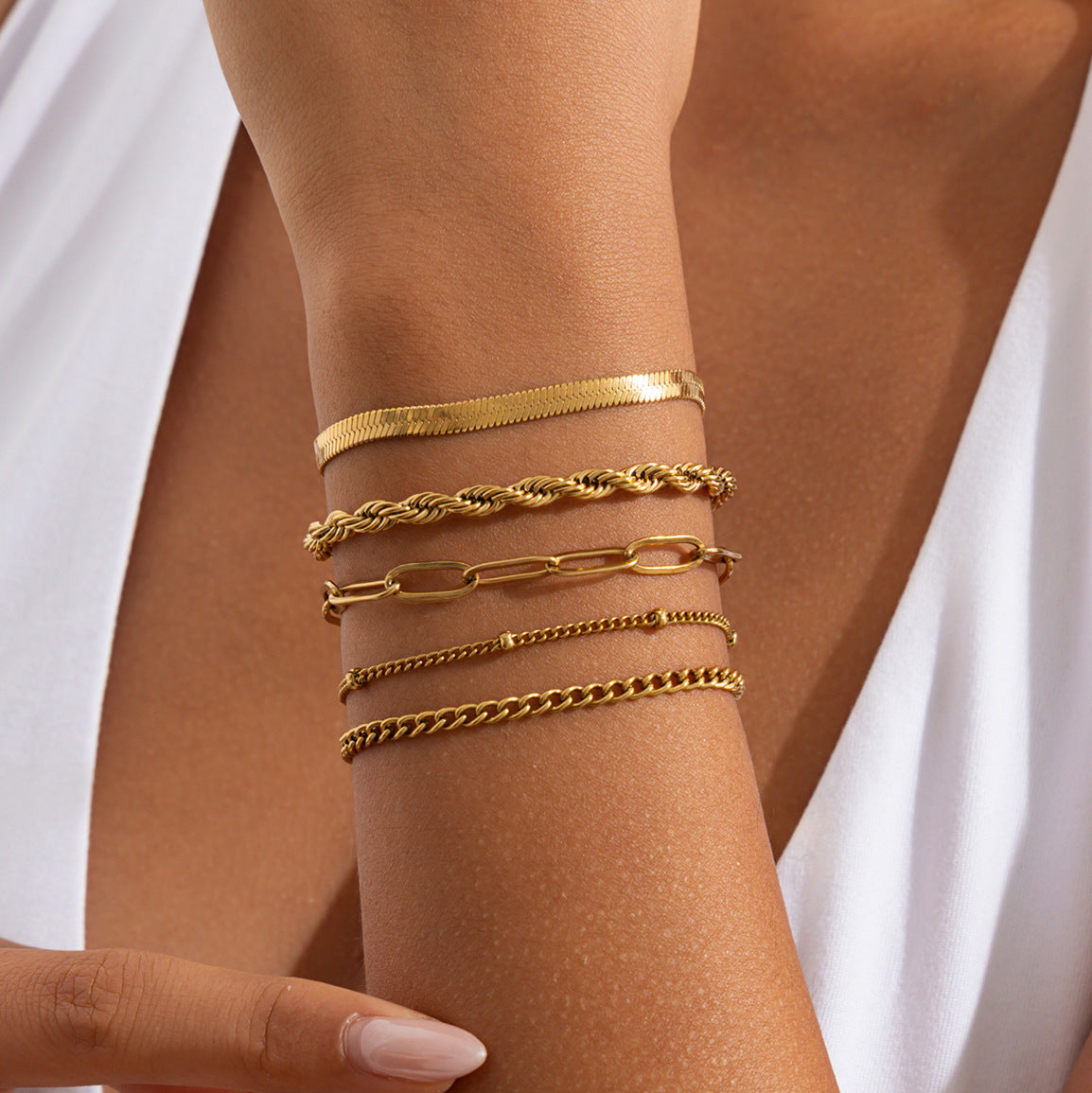 Hip-hop 18K Gold Plated Stainless Steel Geometric Rope Snake Chain Bracelet for Women