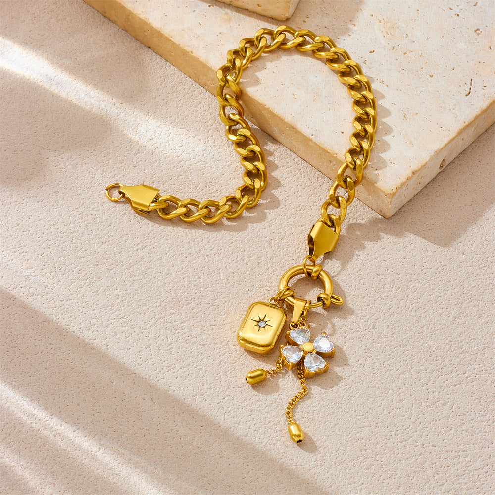 Fashionable Floral Star Square Pendant Necklace Set with Tassel Chain Stainless Steel Plated Women's Jewelry