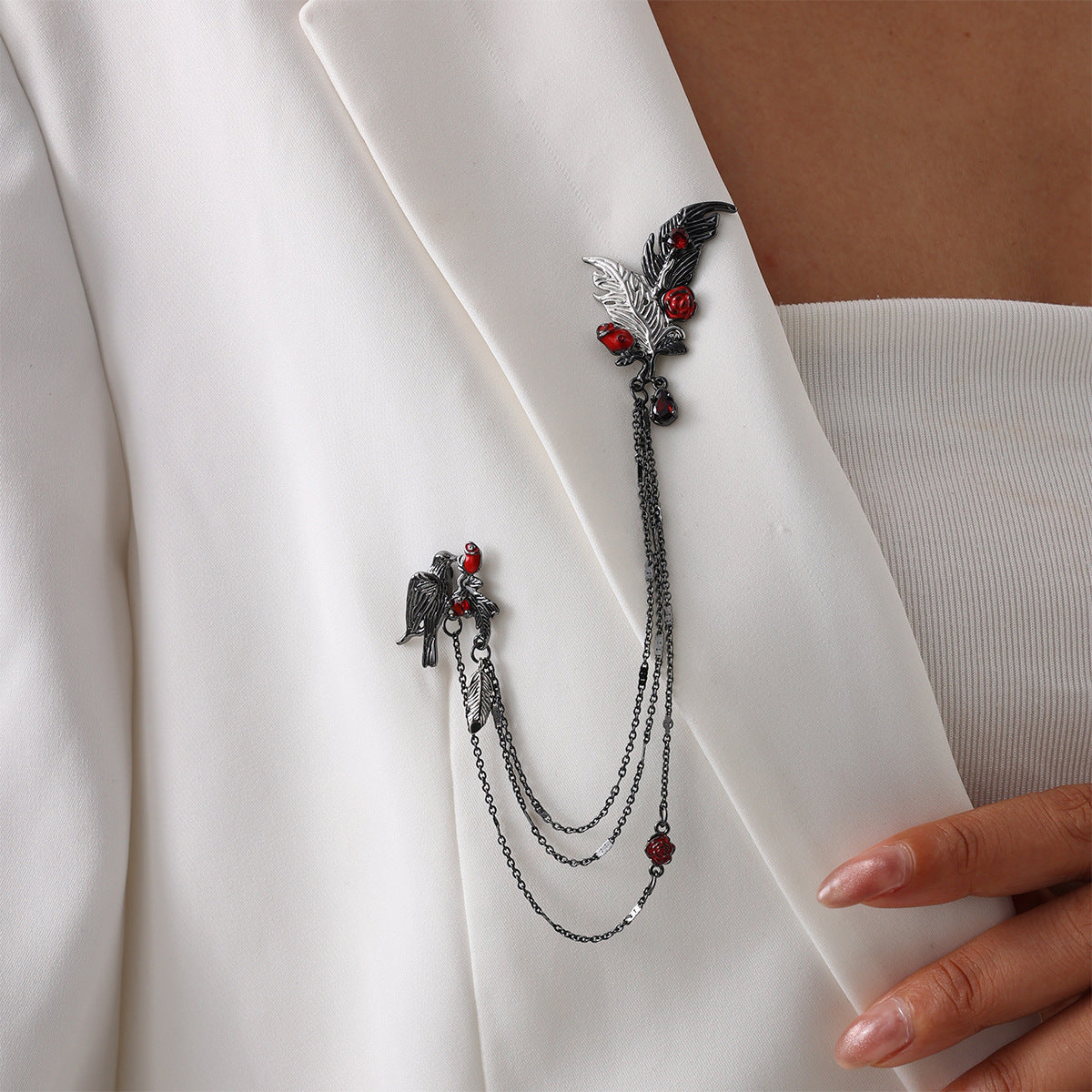 Gothic Vintage Rhinestone Inlaid Rose Floral Geometric Brass Brooch with Feather Tassel Chain
