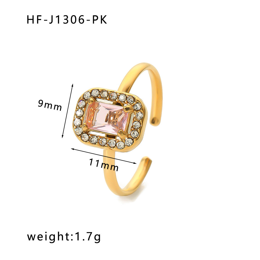 Vintage Stainless Steel Heart-Shaped Geometric Ring with Zircon Inlay and 18K Vacuum Plating for Women