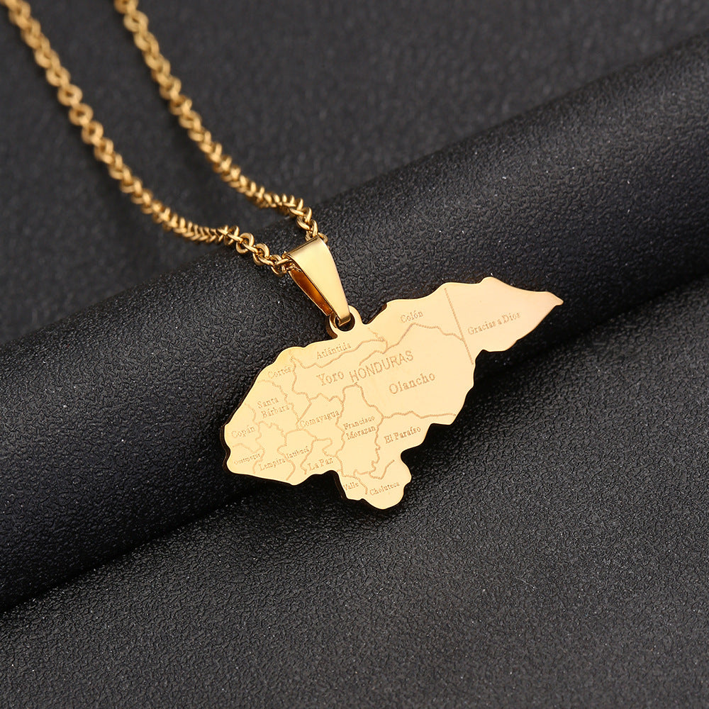 Collana con Ciondolo a Forma di Mappa Geometrica dell'Honduras in Acciaio Inossidabile con Ciondolo in Acciaio al Titanio e Finitura Elettroplaccata per Coppie