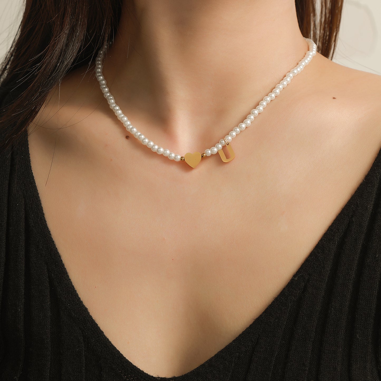 Minimalist Letter Heart Stainless Steel Pearl Necklace Women Cable Chain