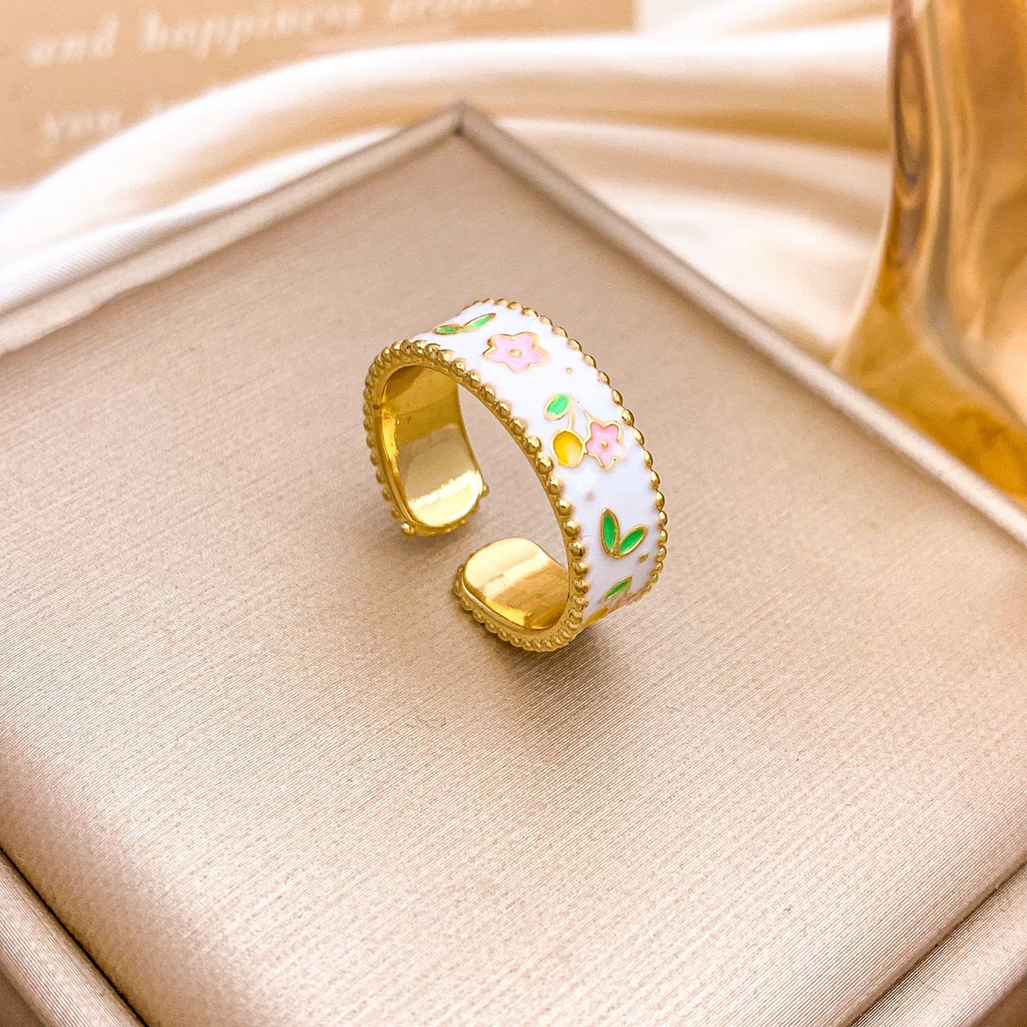 Vintage Elegant Floral Enamel Plated Alloy Ring for Women