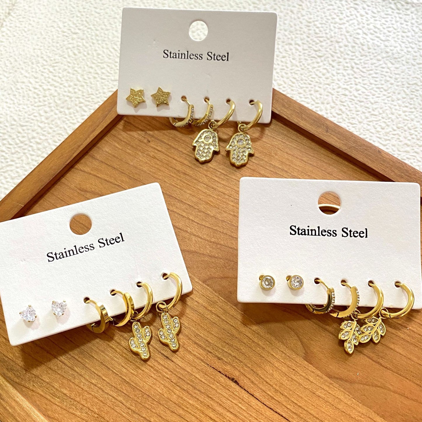 Elegant Stainless Steel Cross Cactus Leaf Rhinestone Stud Earrings for Women