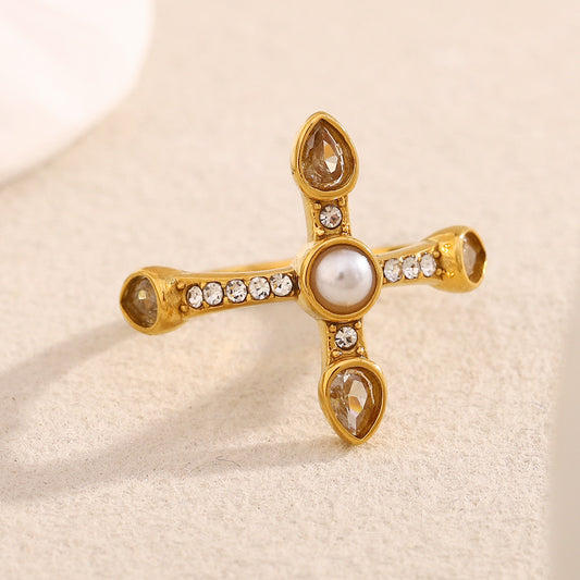 Vintage French-Inspired Geometric Cross Ring for Women in Stainless Steel with 18K Gold Plating