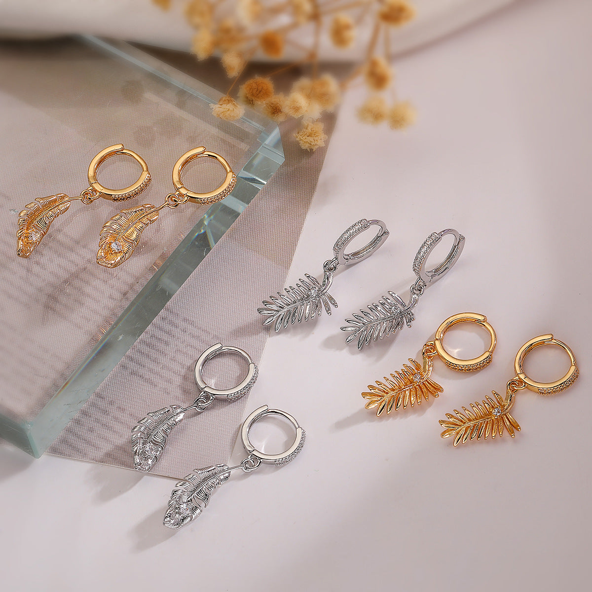 Minimalist Feather-Shaped Copper Pendant Earrings with Real Gold Plating and Zircon Inlay for Women